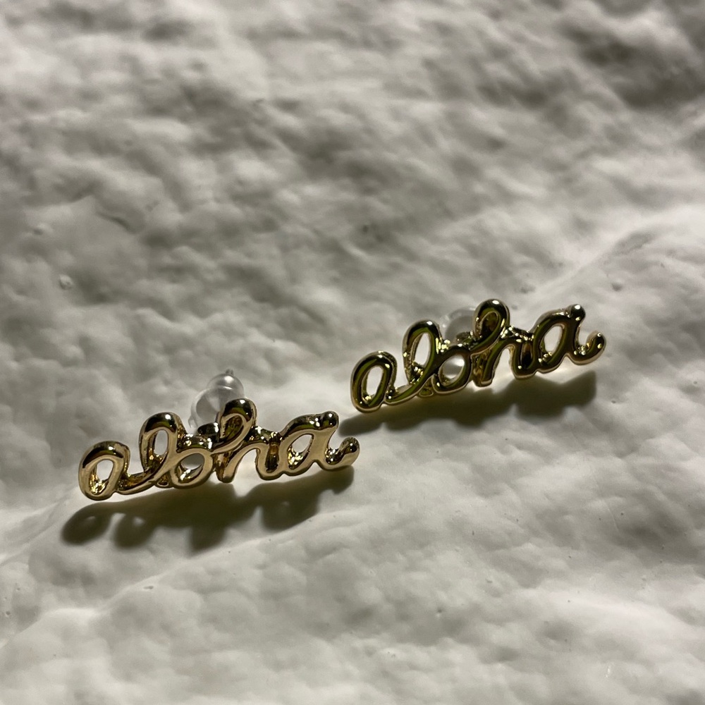 Gold 'Aloha' Script Stud Earrings